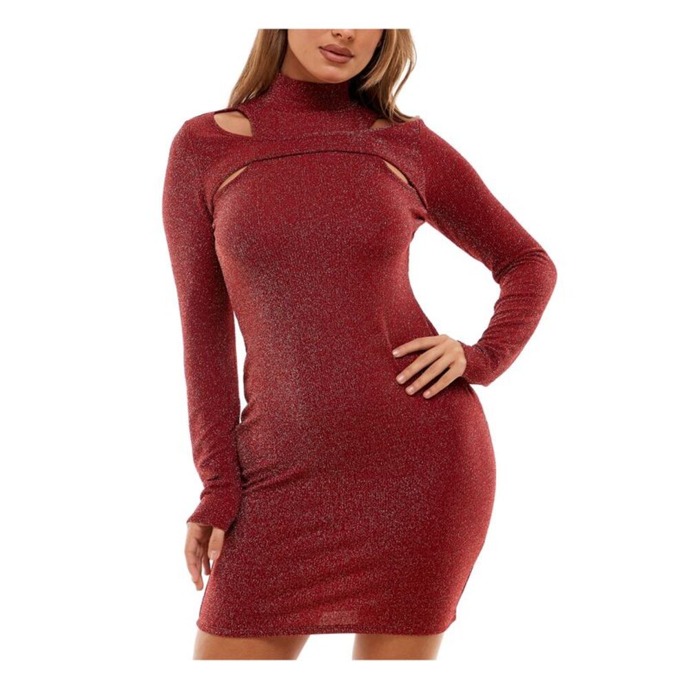 PLANET GOLD Womens Body Con Short Dress Red Long Sleeve Party Juniors L